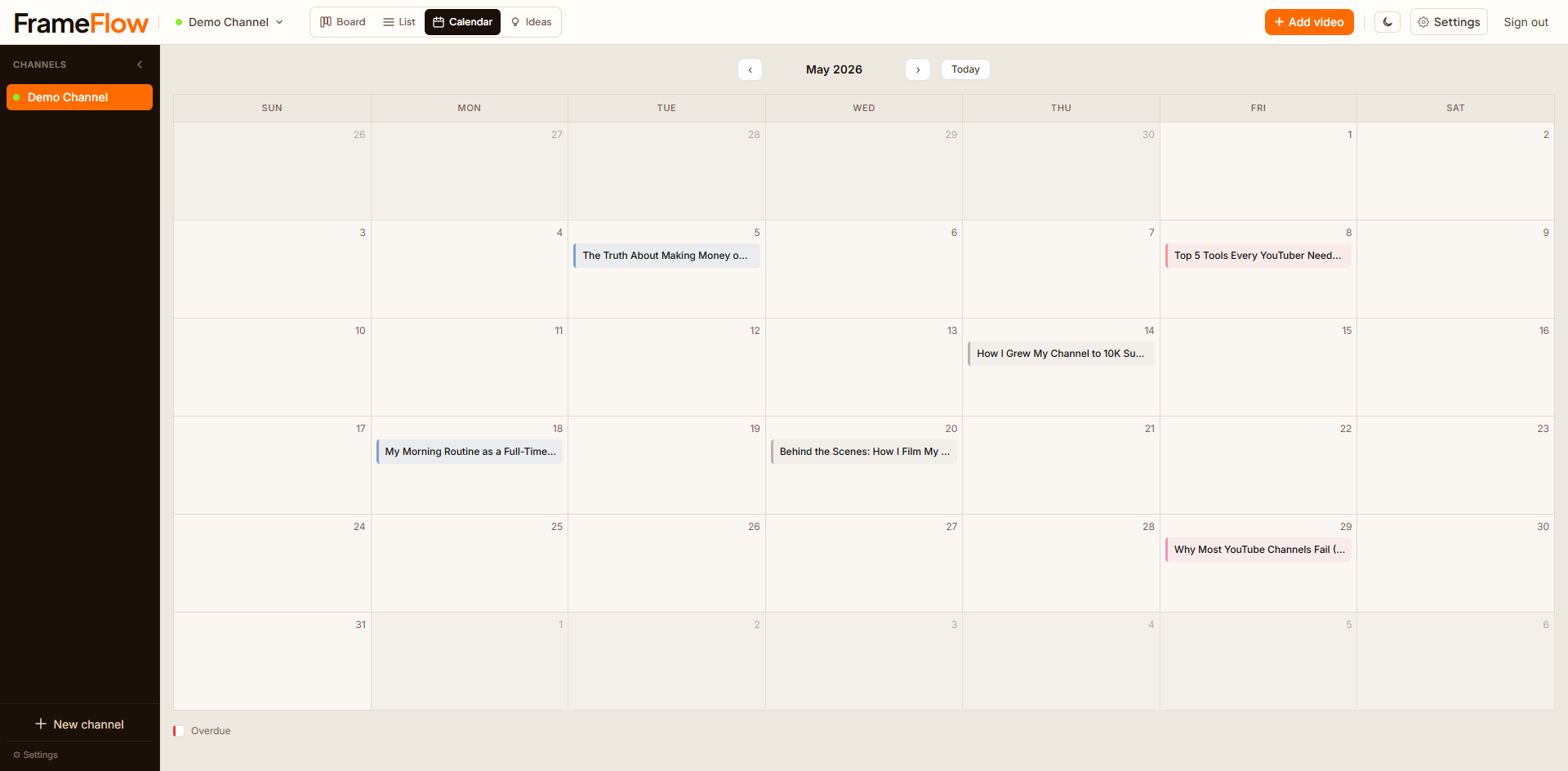 FrameFlow Publish Calendar — see your entire publishing schedule at a glance