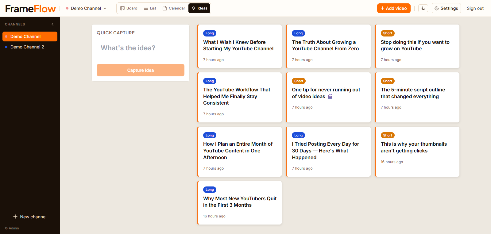 FrameFlow Idea Vault — capture and develop your YouTube video ideas